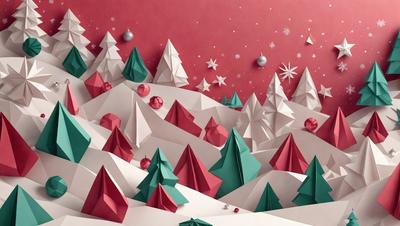 The primary subject of the image is a snowy mountain landscape, featuring a large number of trees and a few snowflakes scattered throughout the scene. The setting is a red and white background, which adds a vibrant touch to the overall atmosphere. The visual style of the image is a combination of digital art and illustration, creating a unique and eye-catching representation of the winter landscape. The colors and mood of the image are predominantly red, white, and green, with a touch of snowy blue, giving